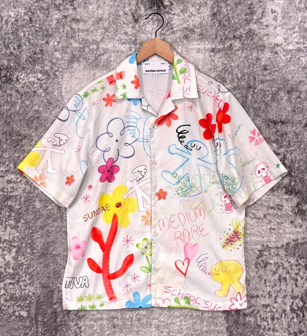 Sundae School Shirt Small Mens Satin Camp Collar Smokers Doodle Drawing Print